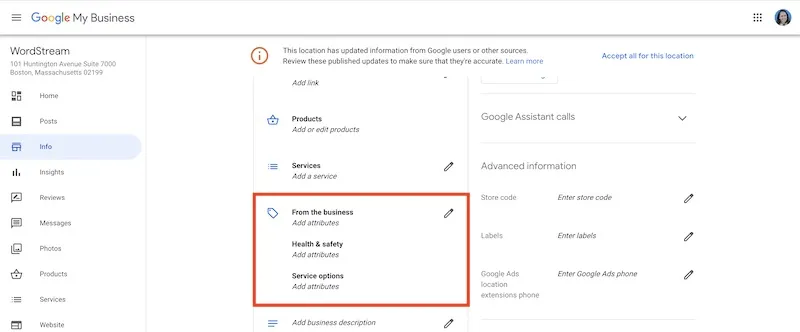 Google My Business (GMB) editing category and attributes desktop screenshot with red highlighted box