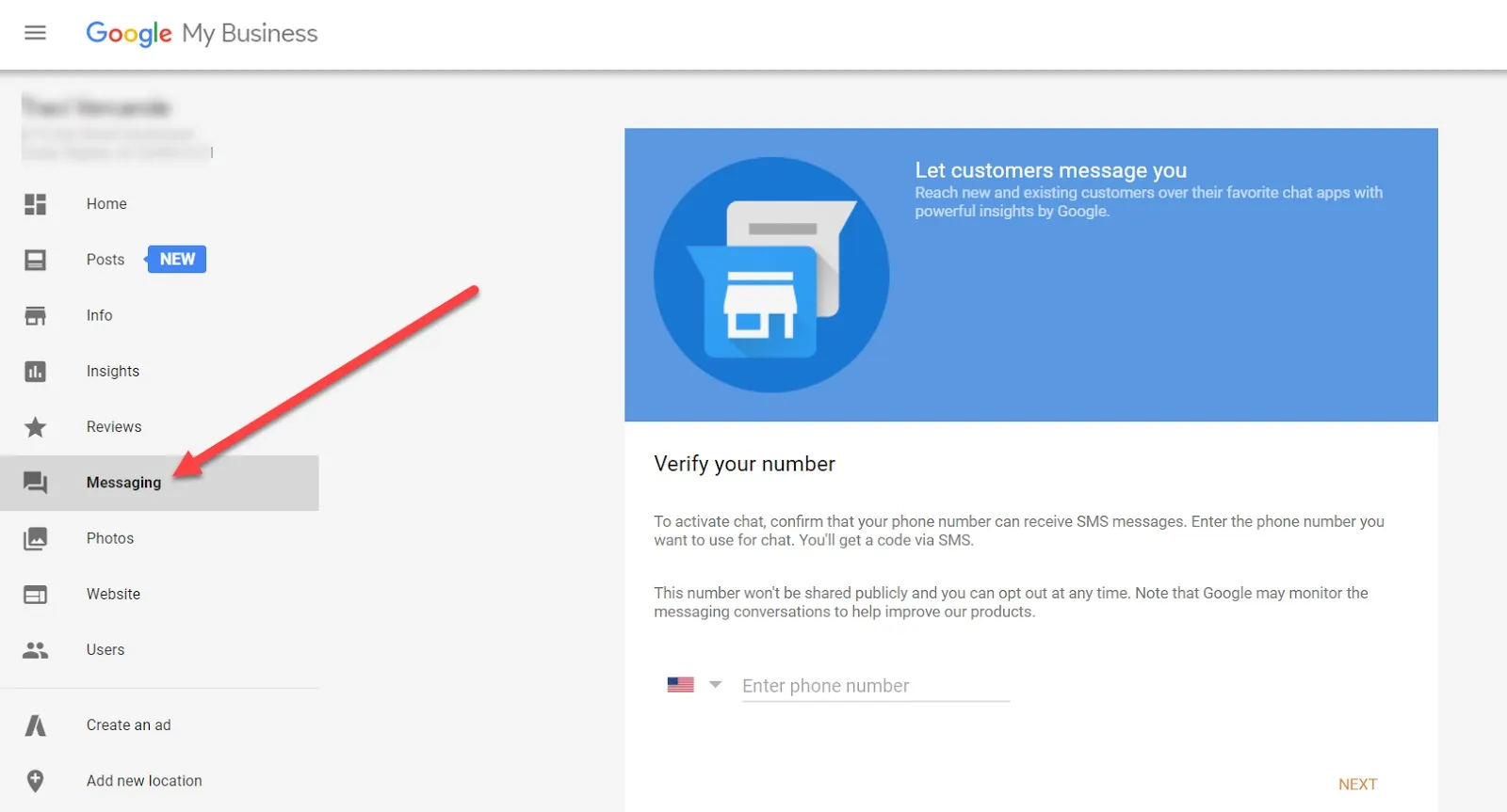 Google My Business (GMB) messaging screenshot on desktop