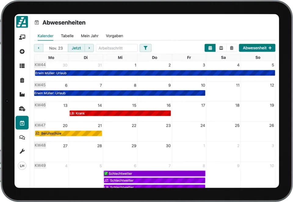 Der Abwesenheitskalender in Artesa für die Urlaubsplanung.