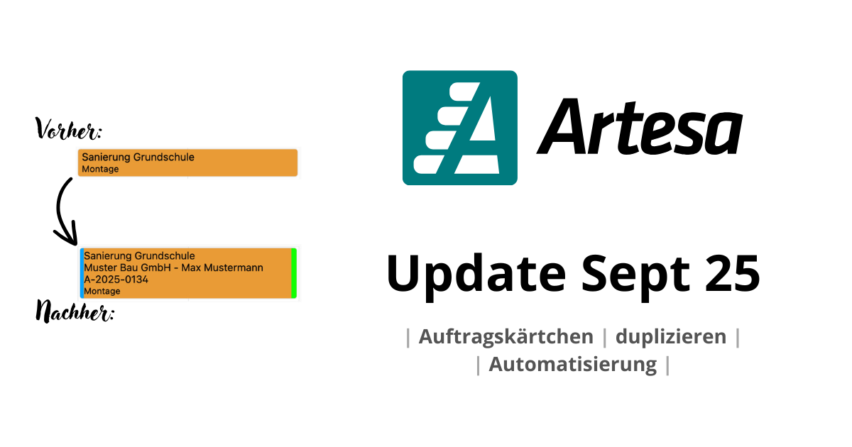 Das September-Update ist da – Auftragskärtchen, duplizieren und Automatisierungen in der Artesa App.