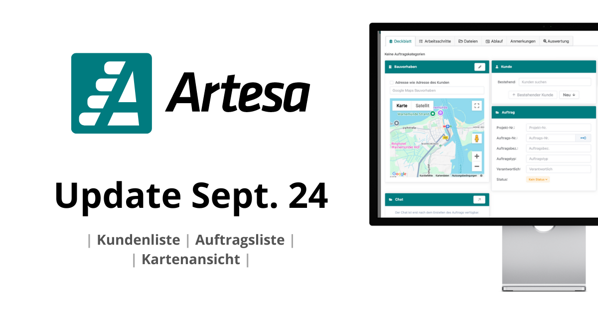 Das September-Update ist da – Kundenliste, Auftragsliste und Kartenansicht in der Artesa App.