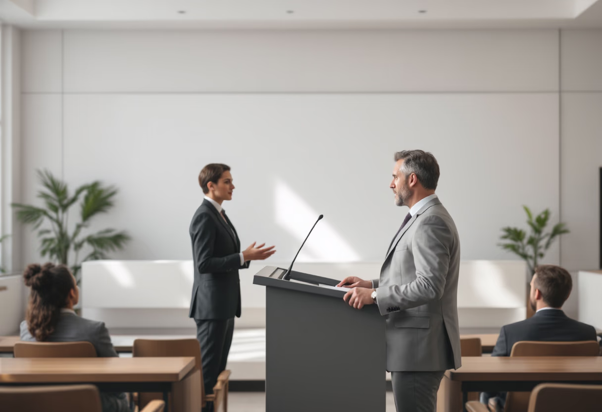 Man in a gray suit speaking at a podium while a woman in a dark suit listens and gestures in a modern conference room.