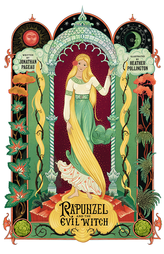 Rapunzel title page art work featuring Rapunzel with a decorative border