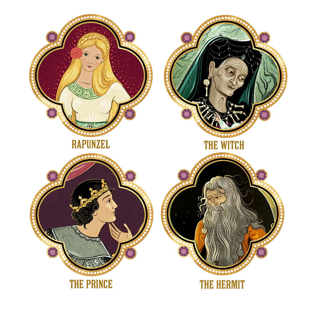 Rapunzel characters featuring Rapunzel, the Witch, the Prince and the Hermit