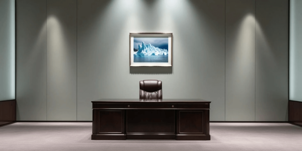 A stark office with a dark wood desk, lone leather executive chair, and a small painting of crashing waves on the wall. This Mr. Milchik's office in the Apple TV show Severance.