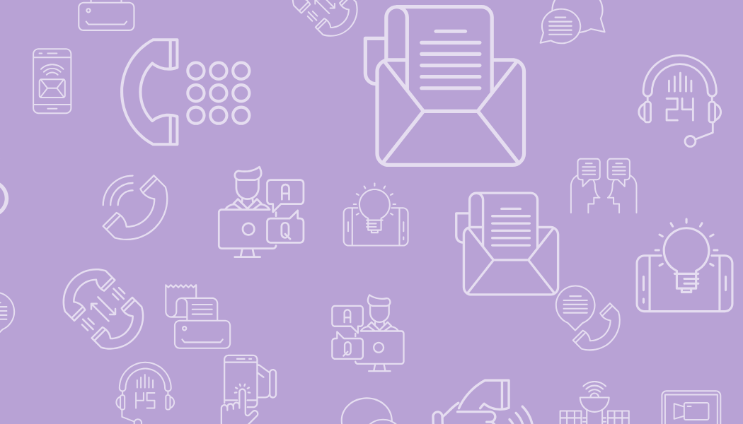 A pattern of computers, speech bubbles, and headphones representing assistants working remotely. 