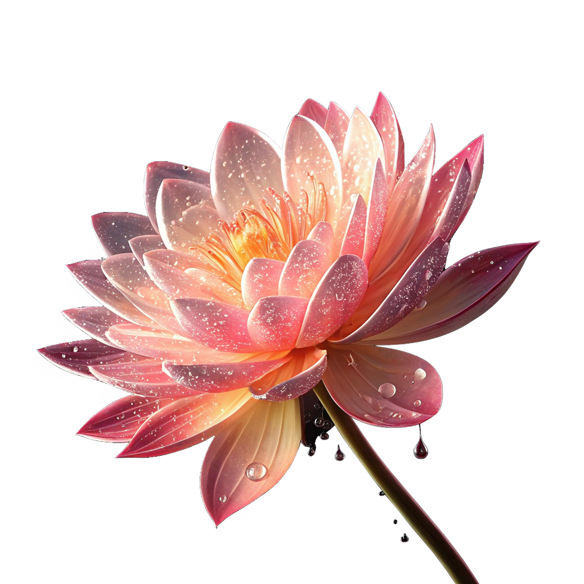 A close-up of a radiant pink and peach lotus flower with water droplets on its petals, set against a black background.