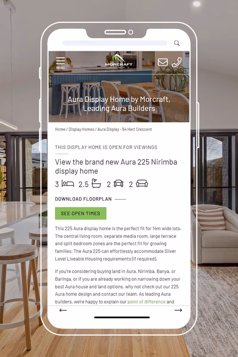 morcraft homes website on mobile