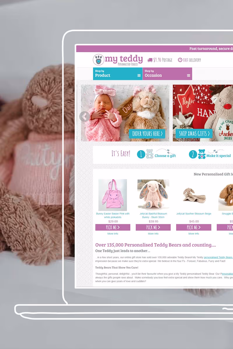 my teddy homepage of website on laptop