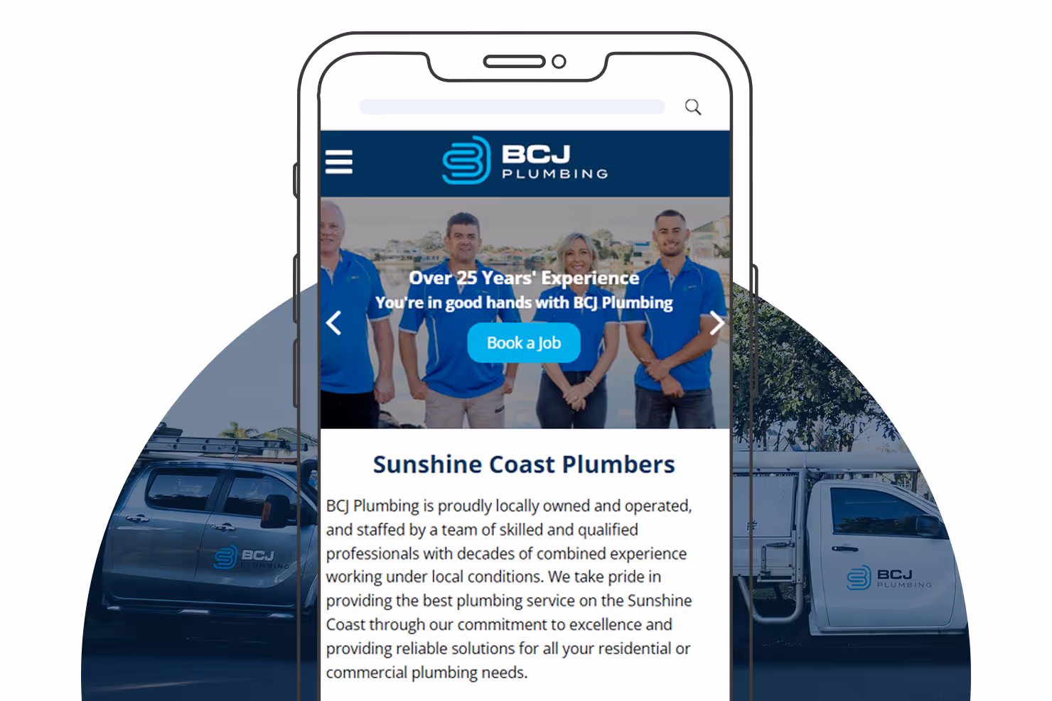 bcj plumbing website home on mobile