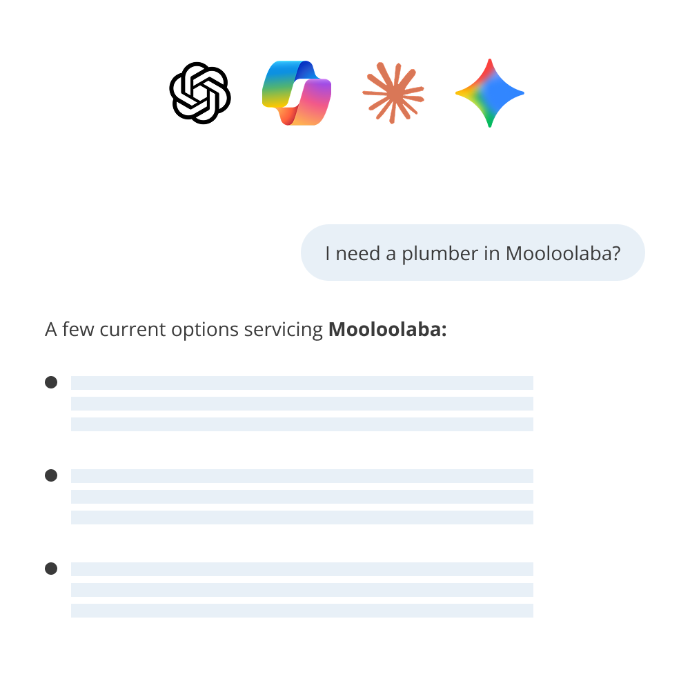 Chat interface showing logos, a query for a plumber in Mooloolaba, and a list of service options.