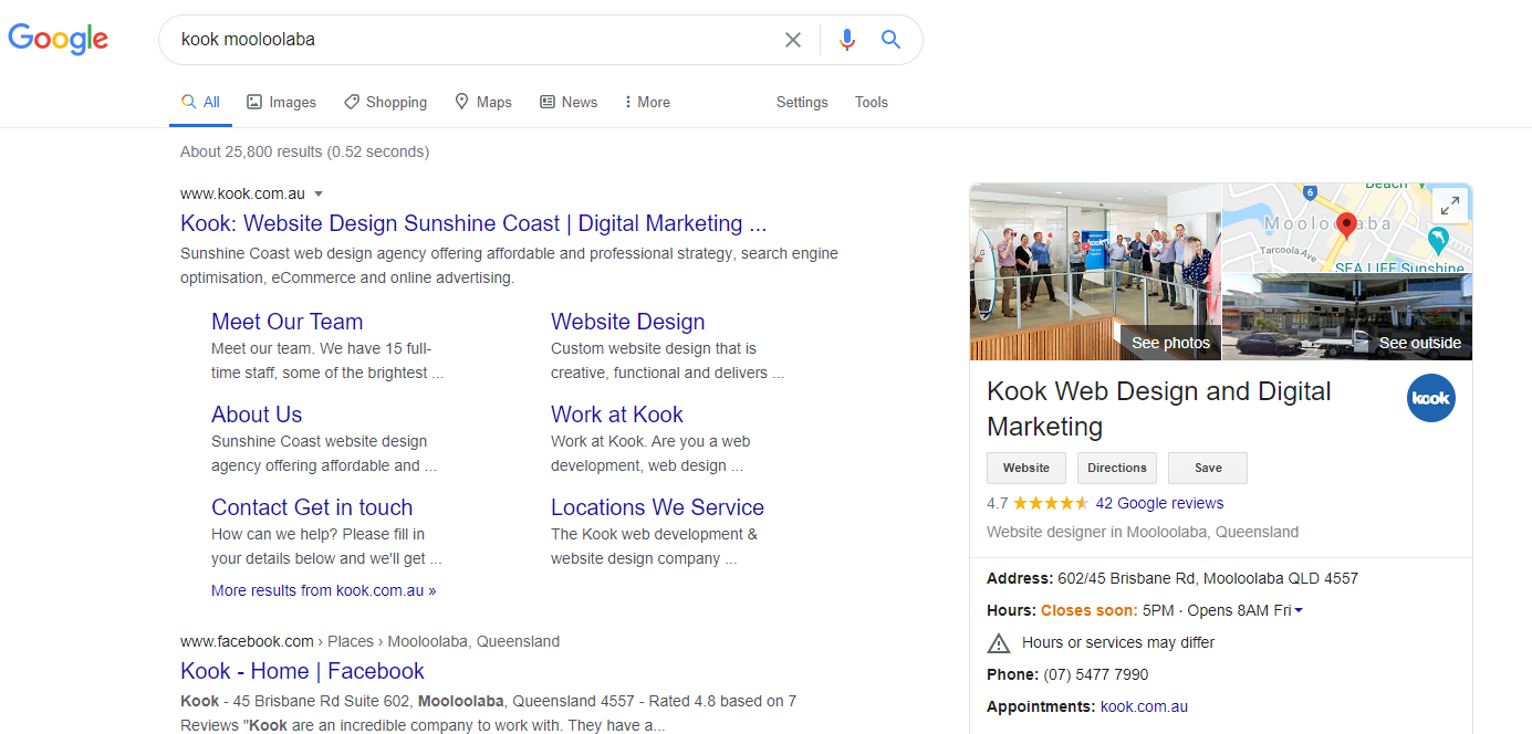 Kook Mooloolaba organic search results on Google