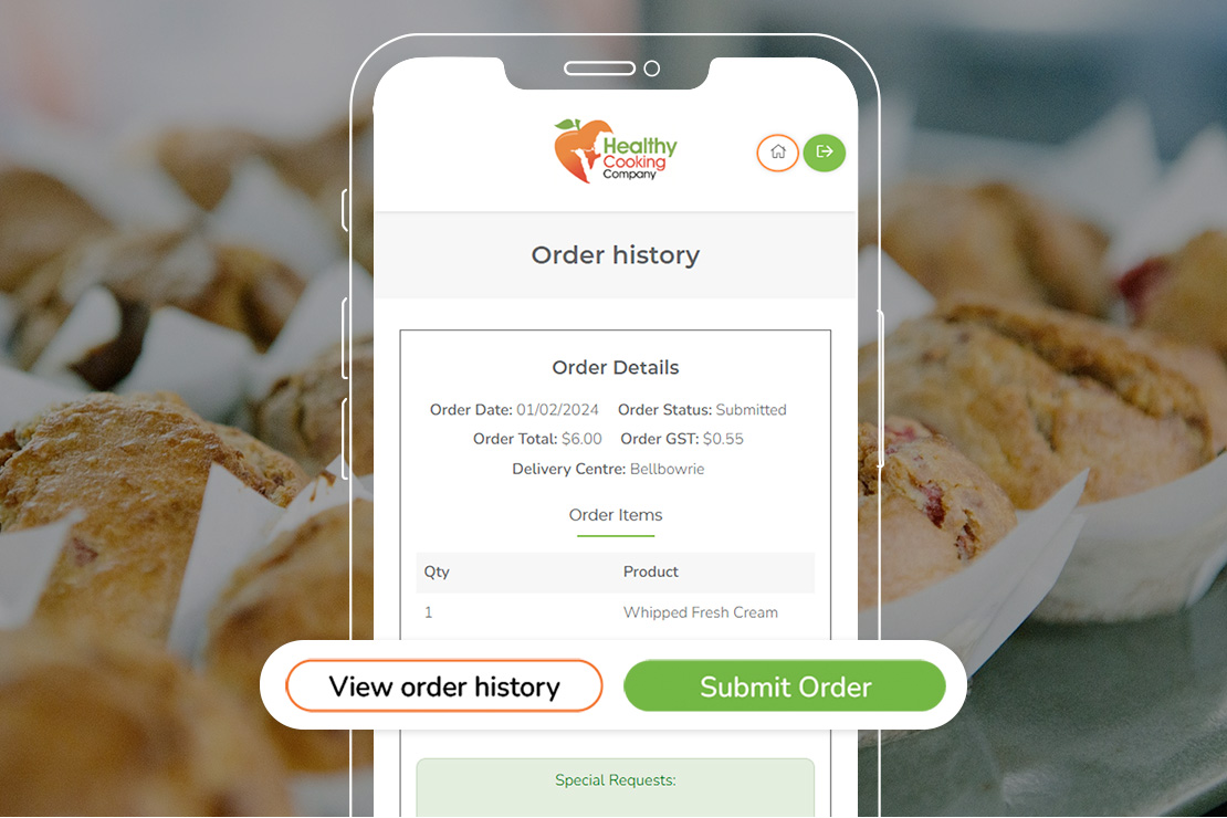Healthy Cooking Co previous orders page with call to action buttons