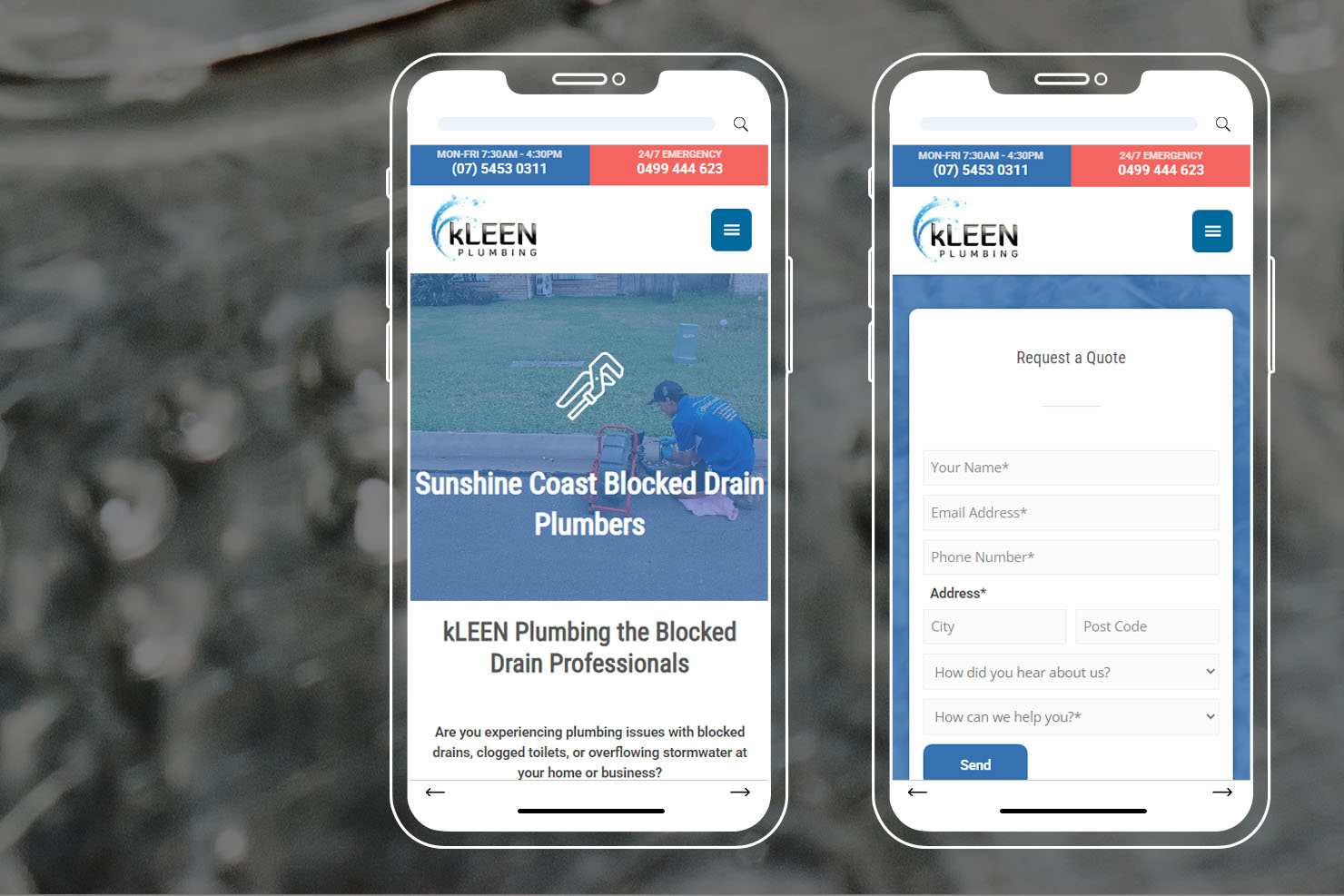 Kleen Plumbing website and request a quote form on mobile