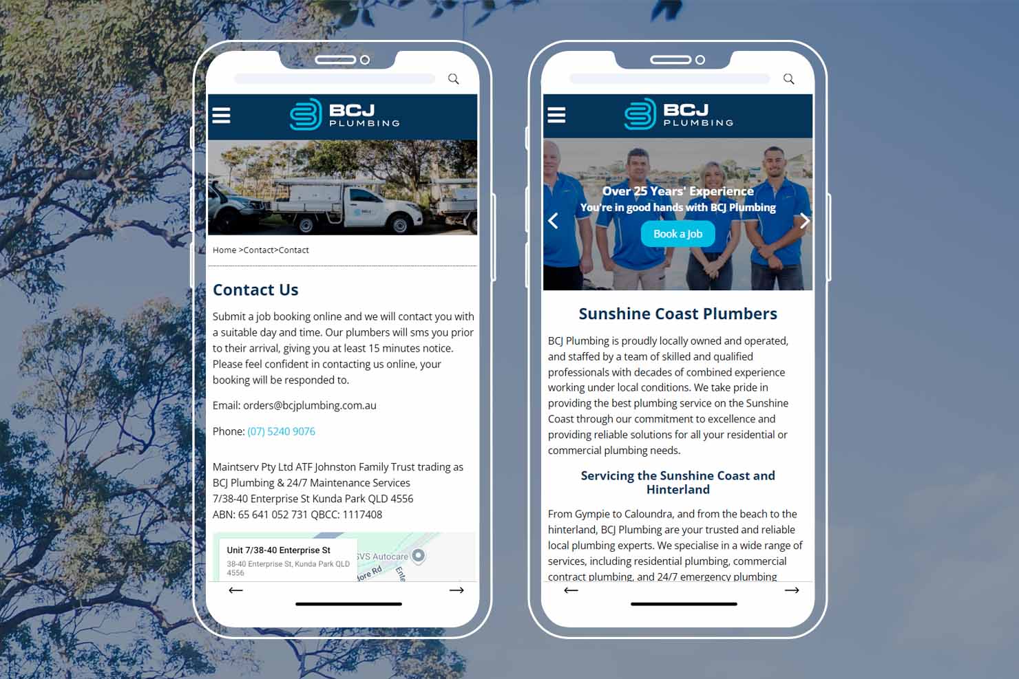 BCJ Plumbing website on mobile
