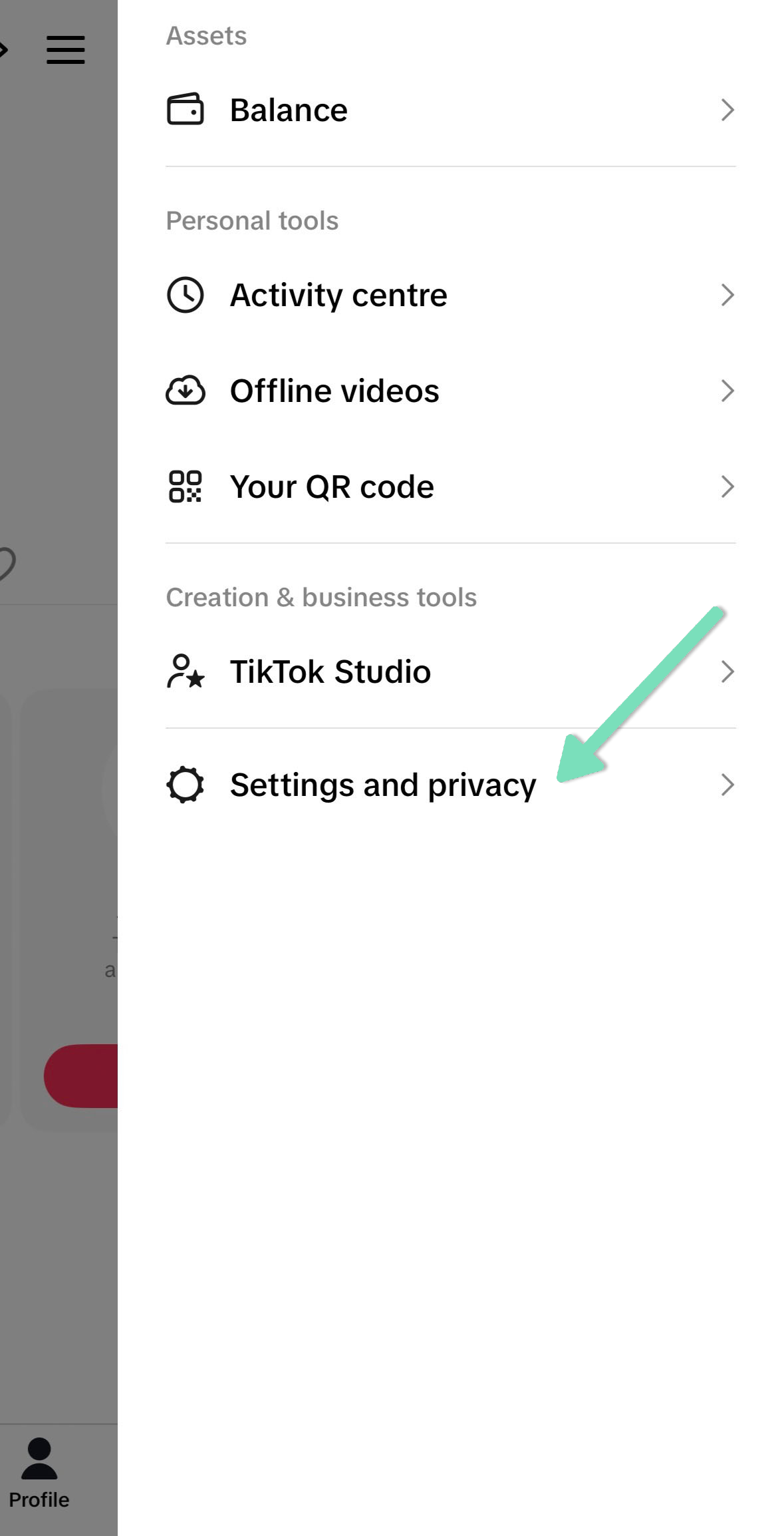 TikTok profile menu with an arrow pointing to Settings and privacy