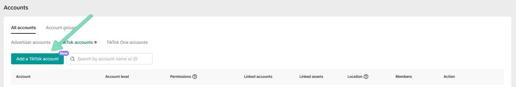 TikTok Business Center Accounts page with arrows highlighting TikTok accounts and Add a TikTok account
