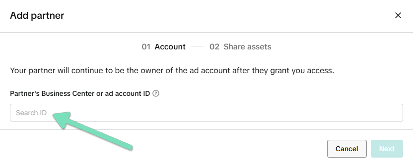 TikTok Business Center Add partner form showing where to enter the partner’s Business Center or ad account ID