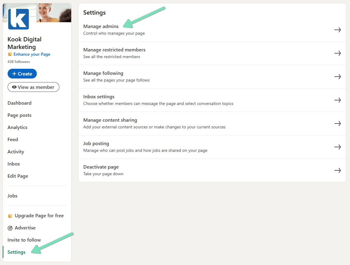 LinkedIn Page admin view showing the settings used to manage page access