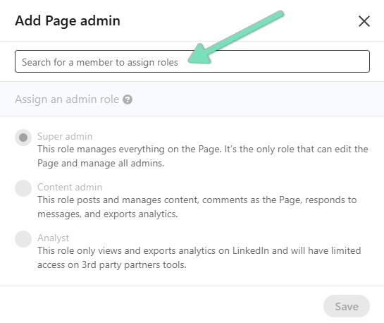 LinkedIn Manage admins screen with an arrow highlighting the Add admin option