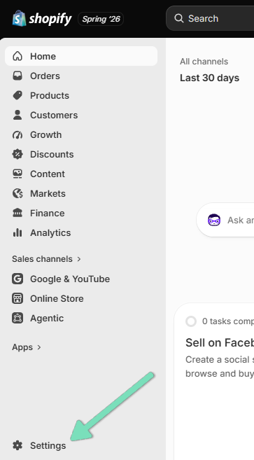 Shopify admin dashboard with an arrow pointing to Settings