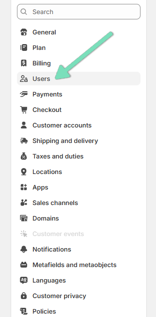 Shopify Settings menu with an arrow pointing to Users