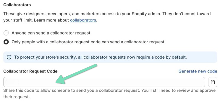 Shopify Collaborators settings with an arrow highlighting the Collaborator Request Code field