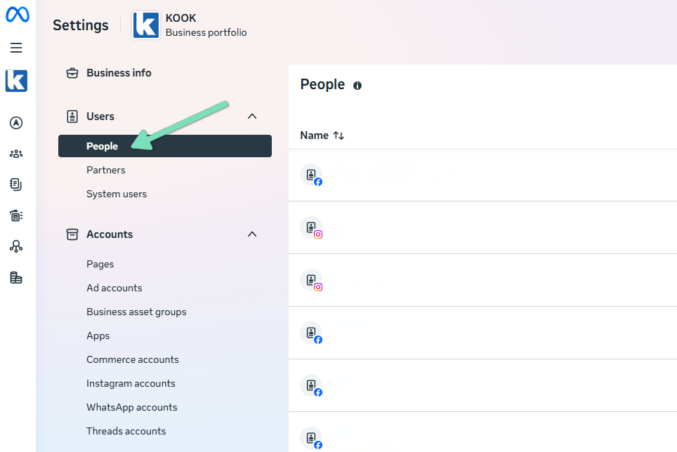 Facebook Business Portfolio People page with an arrow pointing to the people button