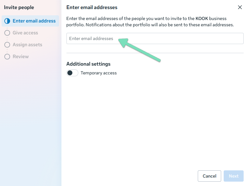 Facebook Business Portfolio Invite people screen with an arrow highlighting the email address field