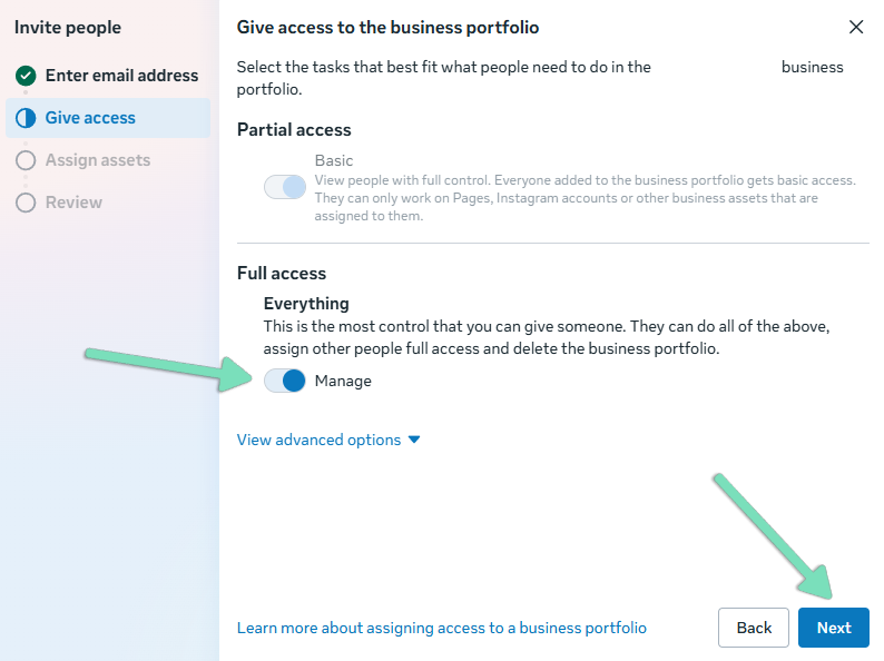 Facebook Business Portfolio access settings with arrows highlighting the Manage option and Next button