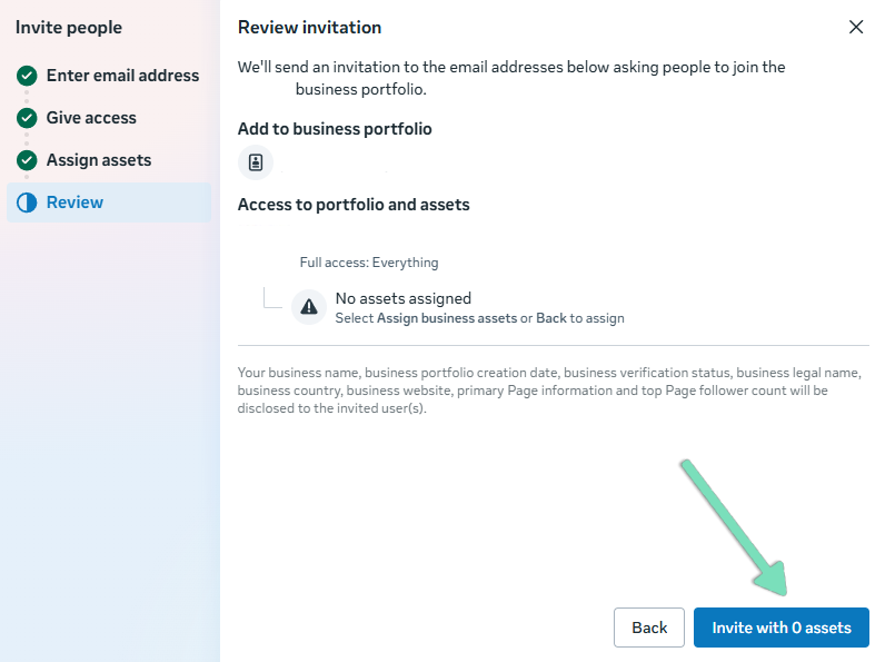 Facebook Business Portfolio Review invitation screen with an arrow pointing to Invite with 0 assets