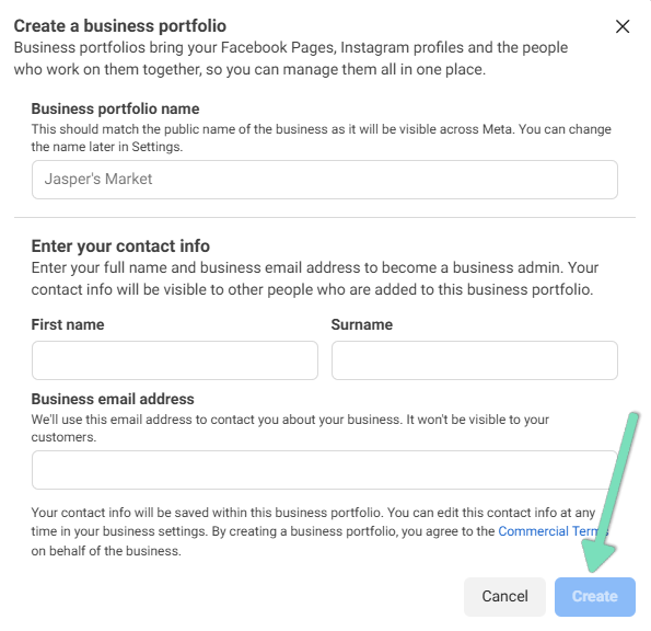 Facebook Business Portfolio creation form with an arrow pointing to the Create button