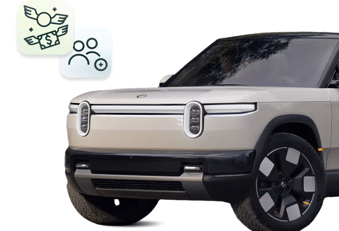 Front view of a silver Rivian electric SUV parked on a soft, stylized landscape background, with two floating icons in the upper left — one showing a flying dollar symbol and another showing a person add icon.