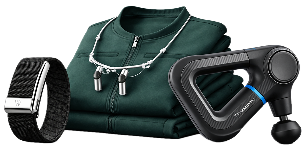 Black fitness tracker, green folded jacket with white earphones, and black massage gun labeled Theragun Prime.