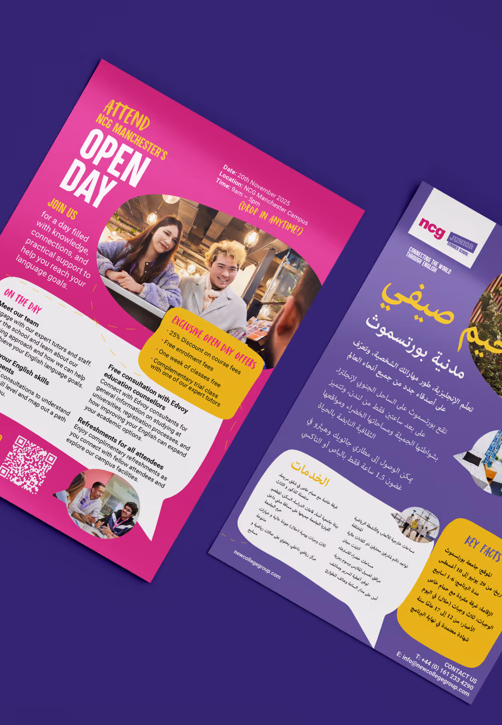 Open day event flyers for higher education institution – bilingual print design by Jointly