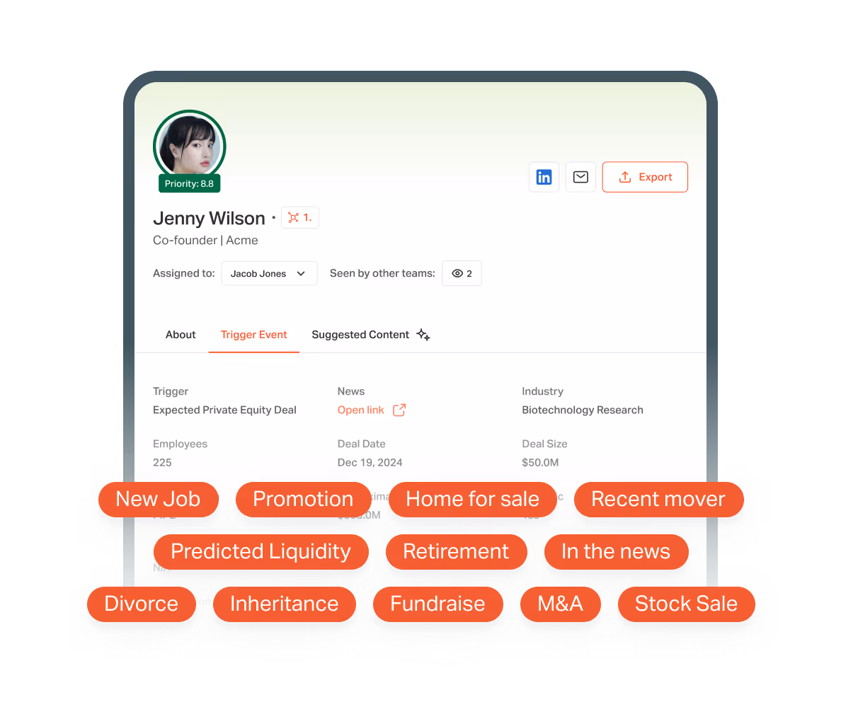Profile view of Jenny Wilson showing a trigger event labeled “Expected Private Equity Deal” along with deal details and a list of possible personal or financial triggers like promotion, inheritance, and M&A