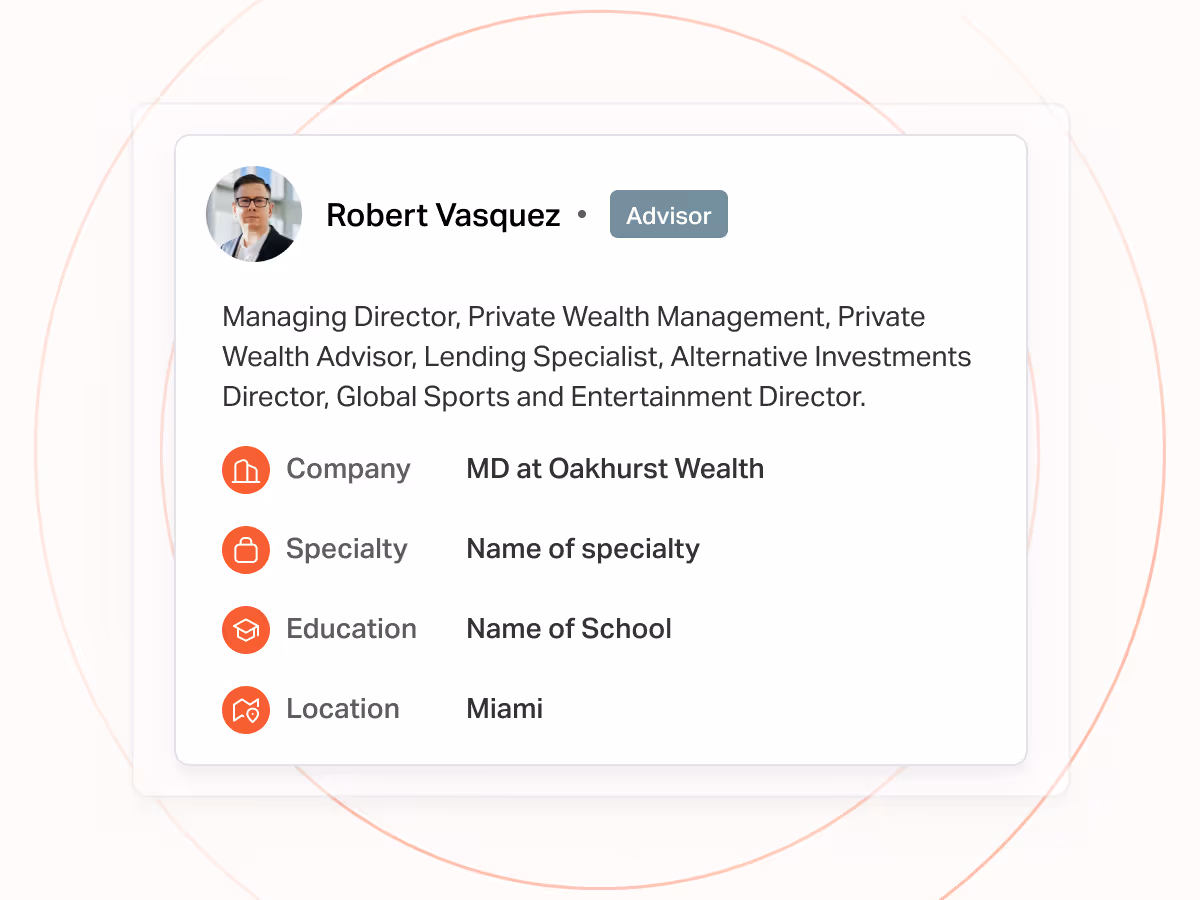 Profile card for Robert Vasquez detailing his title, location, and specialties in private wealth management, with placeholders for specialty and education information
