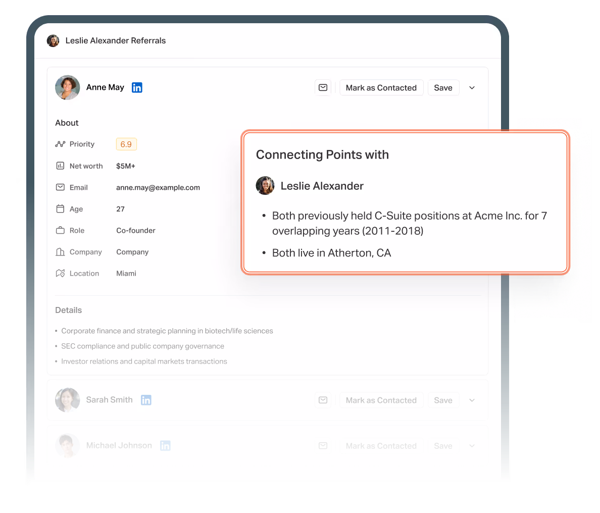 Profile view of Anne May with a highlighted referral connection to Leslie Alexander, showing shared professional history and mutual location in Atherton, CA