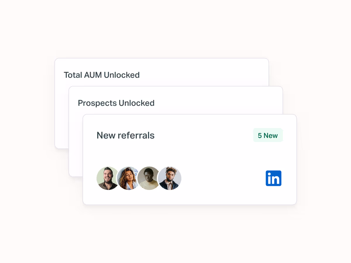 A dashboard card displaying a notification of 5 new referrals with profile photos and a LinkedIn icon, layered above cards showing unlocked AUM and prospects