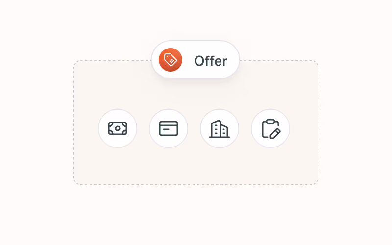 A highlighted “Offer” icon above four circular icons representing different offer types or categories such as cash, credit, property, and tags