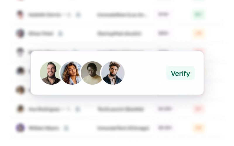 A verification interface displaying four user profile photos and a green “Verify” button, possibly for confirming new prospect data