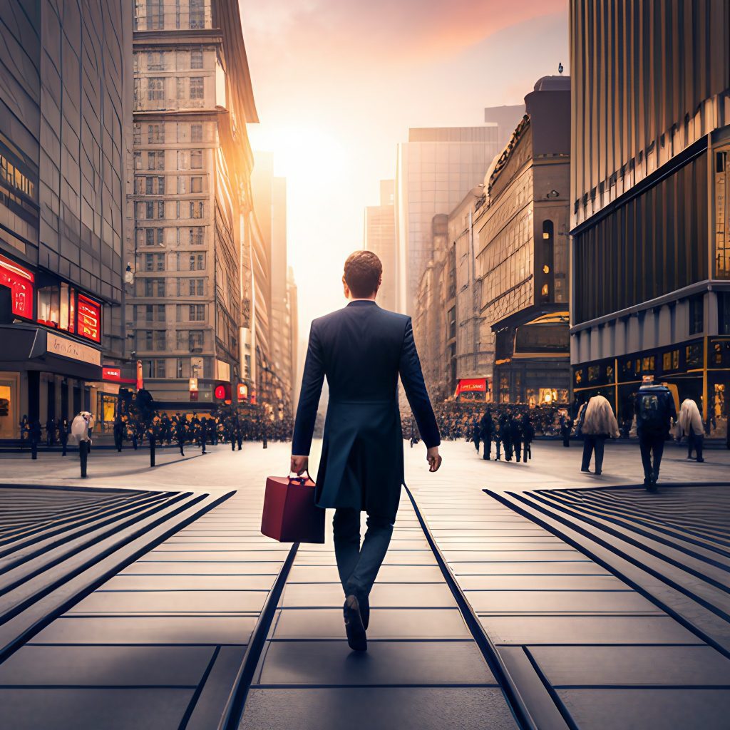 Man in a suit walking down a busy city sidewalk