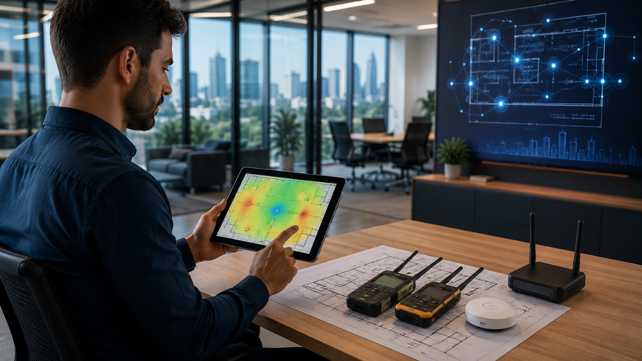 Engineer reviewing a wireless floor plan during a business Wi-Fi survey.