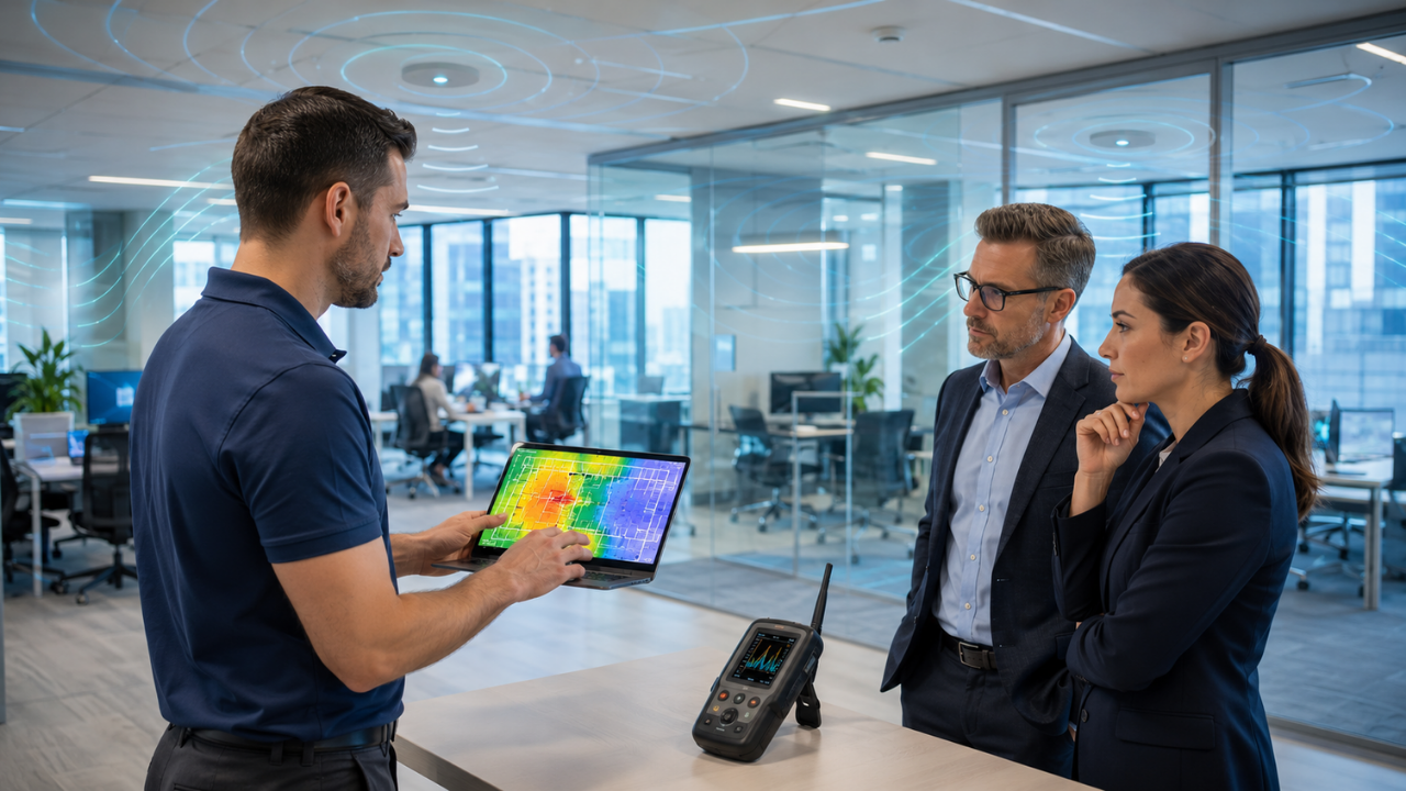 Wireless engineer explaining Wi-Fi coverage data to business leaders during a DFW network survey.