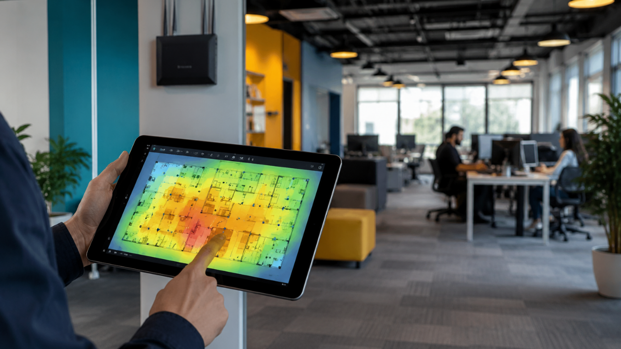 Tablet displaying a Wi-Fi heatmap inside an office to identify weak coverage areas, interference, and access point placement issues.