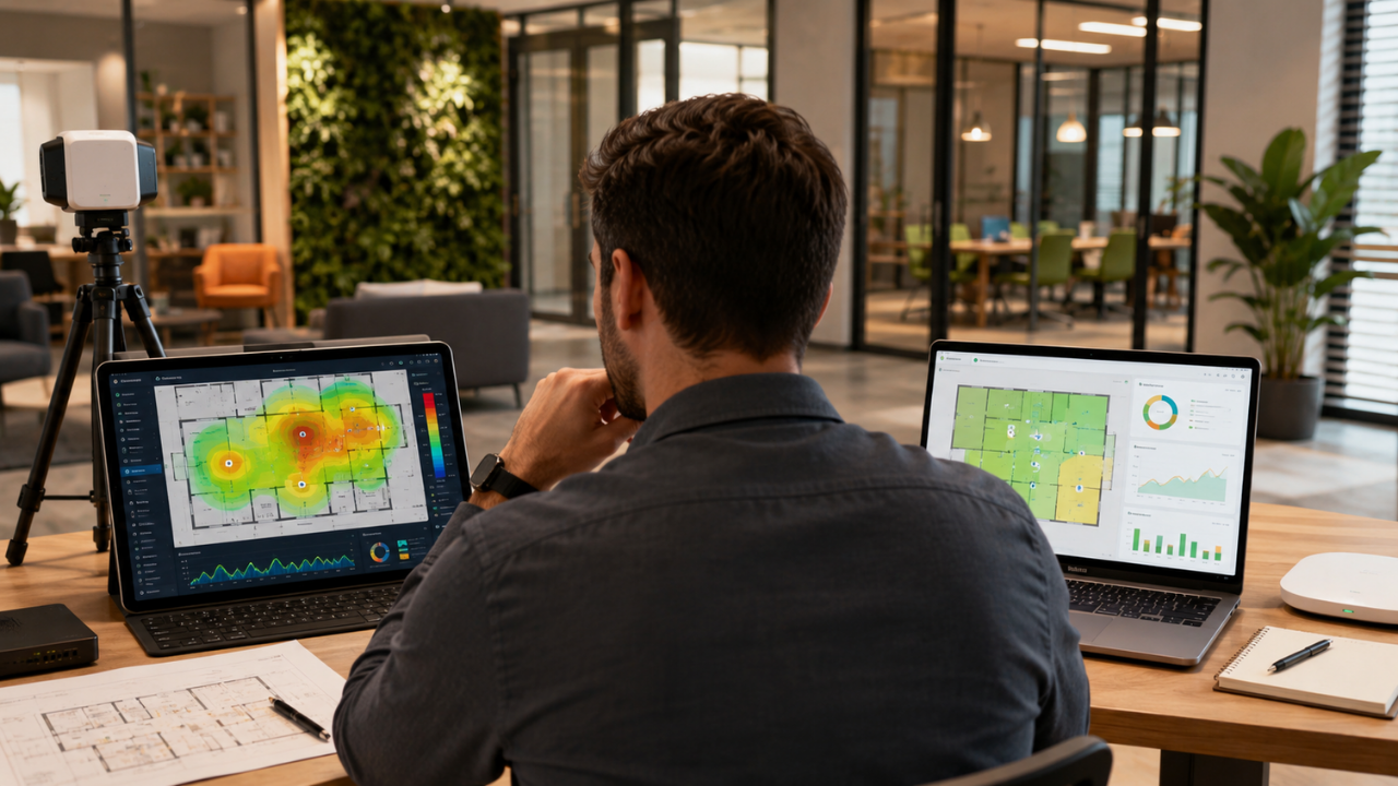 Engineer reviewing Wi-Fi survey reports on dual laptops to compare heatmaps, signal data, and business wireless performance.