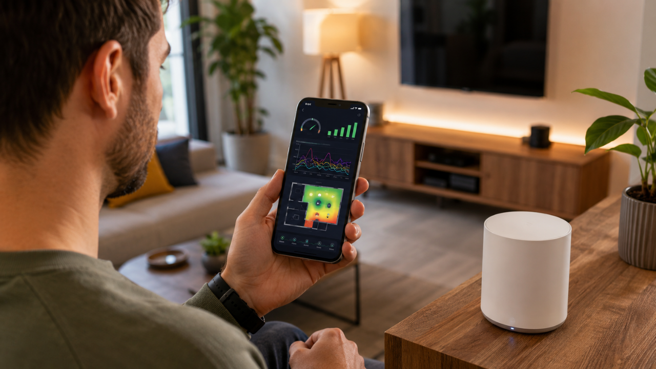 Using an Android Wi-Fi analyzer app to check signal strength, channel congestion, and mesh router performance.