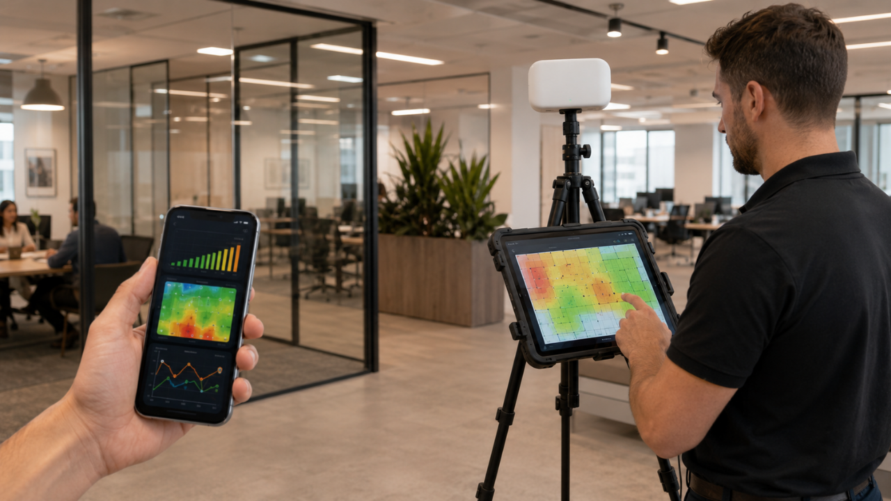 Technician using professional Wi-Fi survey tools and a mobile analyzer to measure office signal strength.