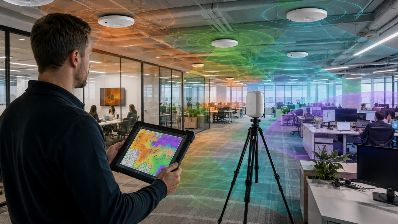 Technician mapping Wi-Fi 6E coverage in an open office to review access point placement, signal overlap, and wireless capacity.