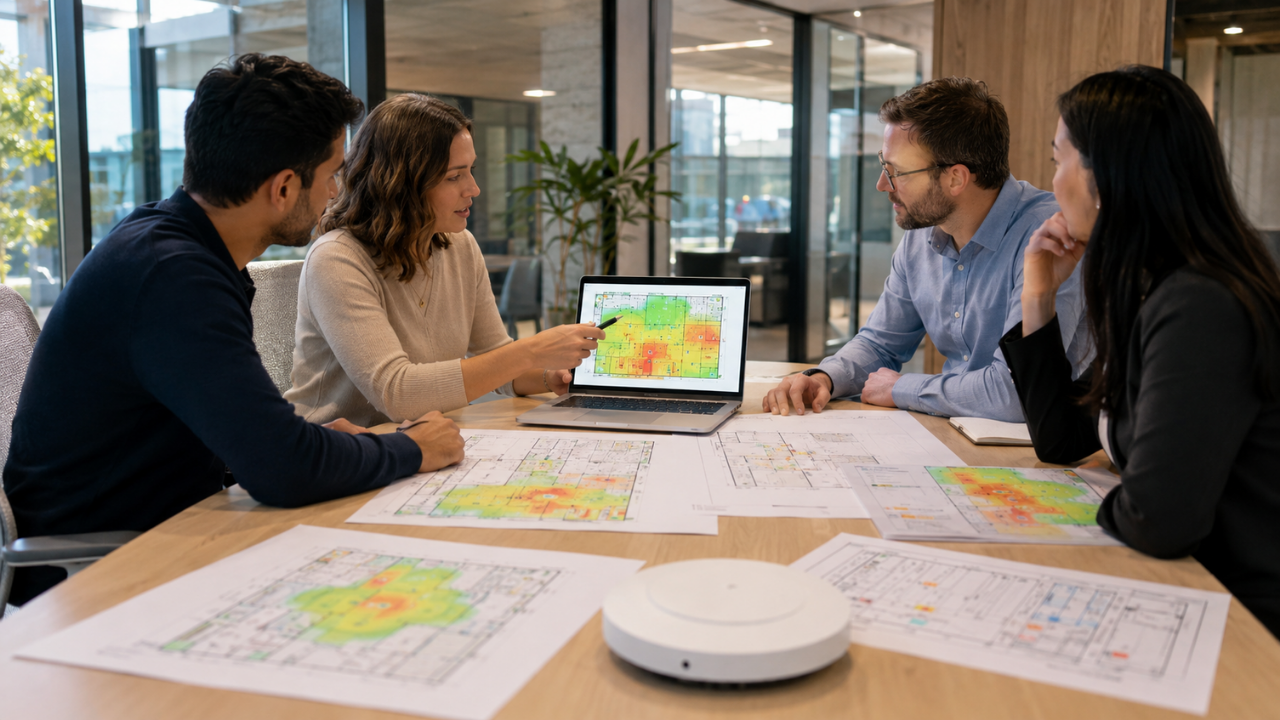 Business team reviewing Wi-Fi survey heatmaps and access point plans to improve wireless network coverage.